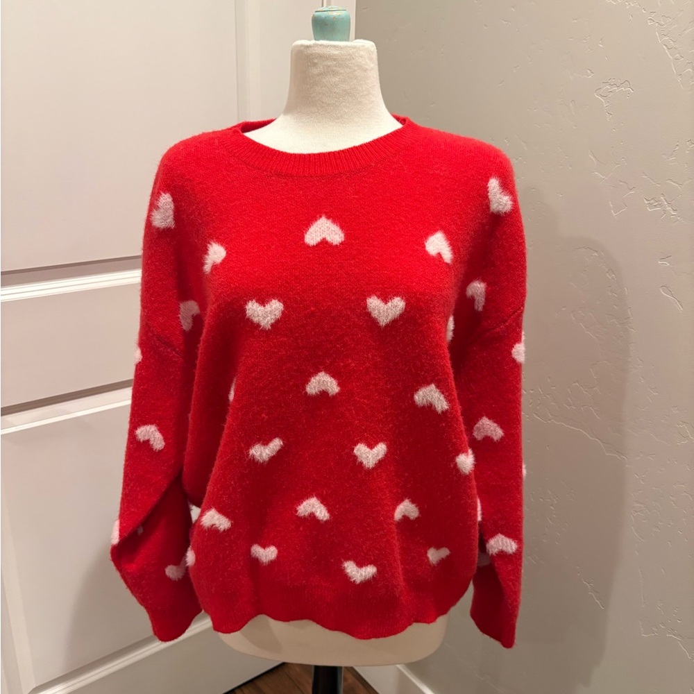 Adorable Red White Heart Pattern Sweater Super Soft and Cozy